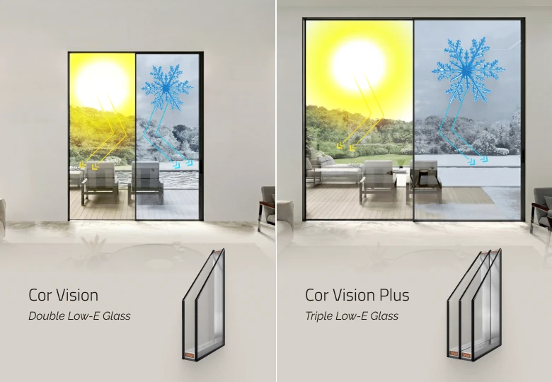 Low-E glass insulated glazing for Cor Vision panoramic sliding doors — energy efficiency detail