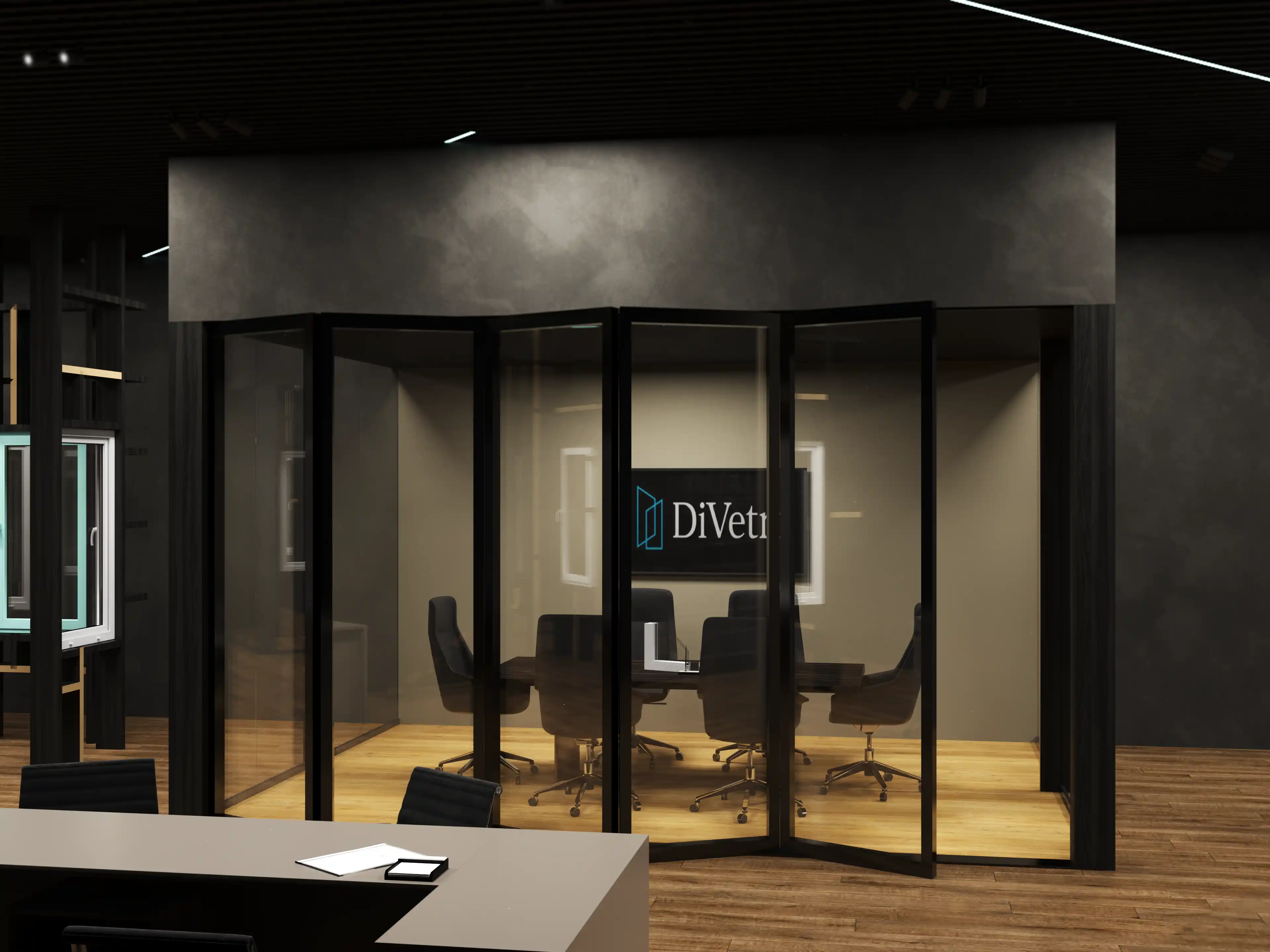 DiVetro showroom — private consultation room with folding glass partition walls