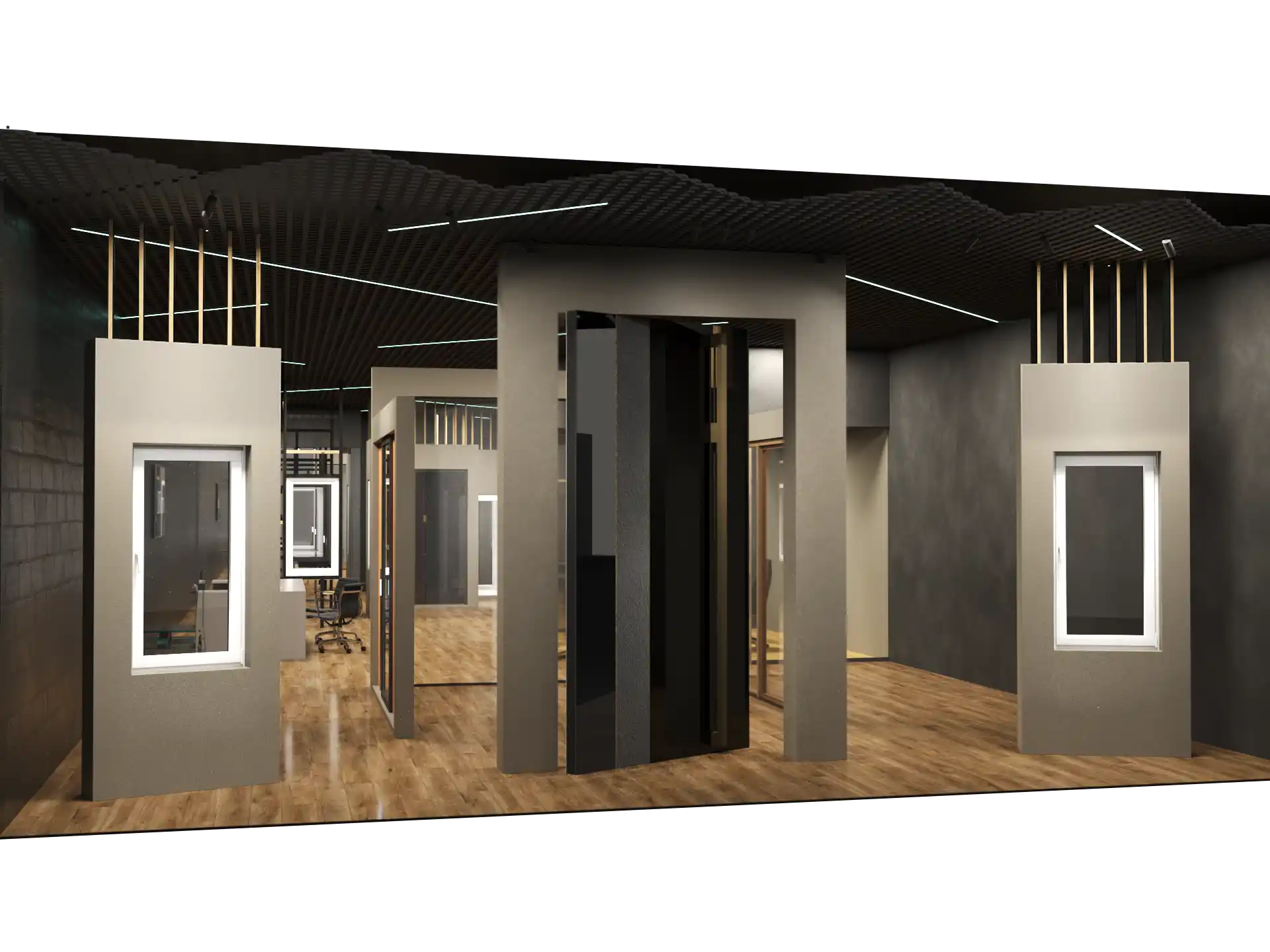 DiVetro showroom — main hall overview with window and door display frames