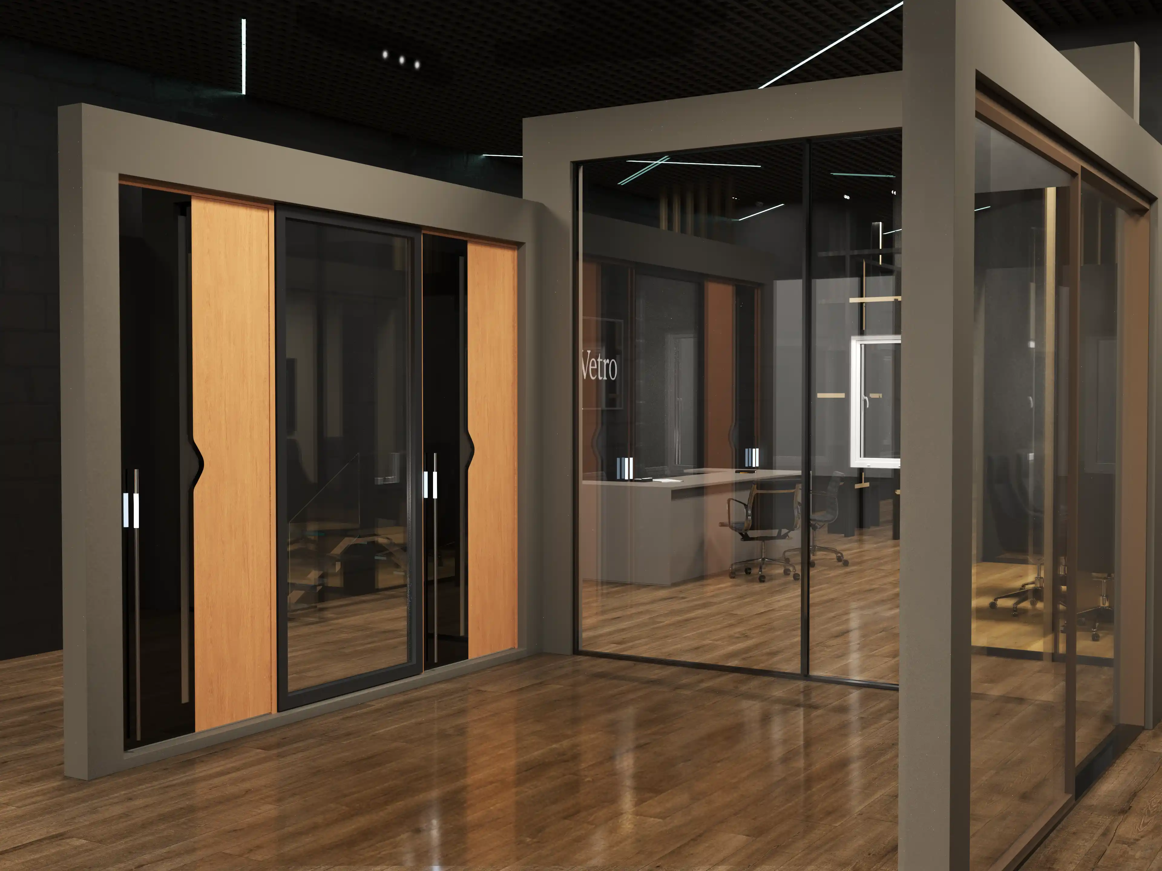 DiVetro showroom — aluminum-wood sliding door systems and glass consultation suite