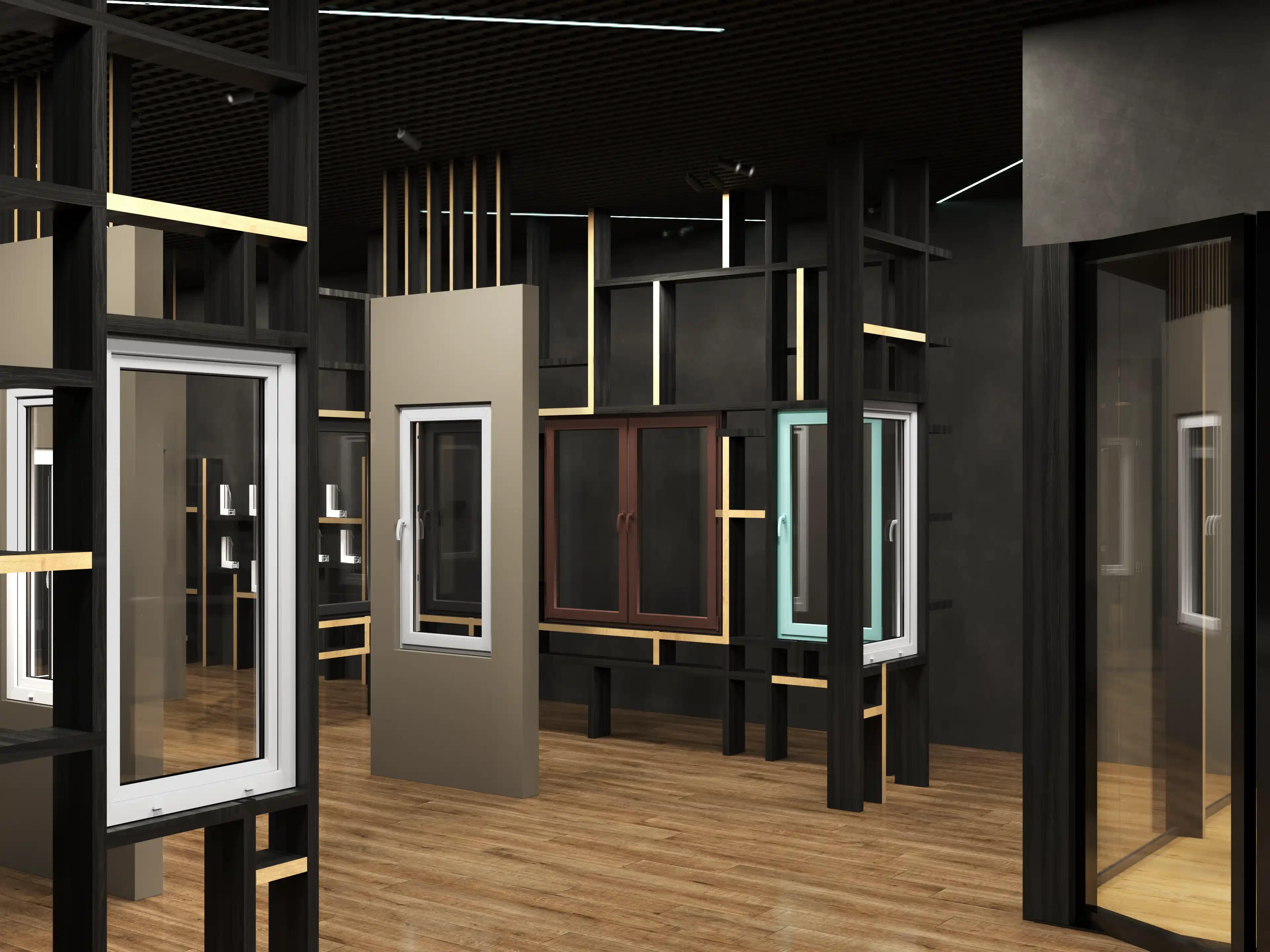 DiVetro showroom — window color options: white, burgundy and teal frame finishes