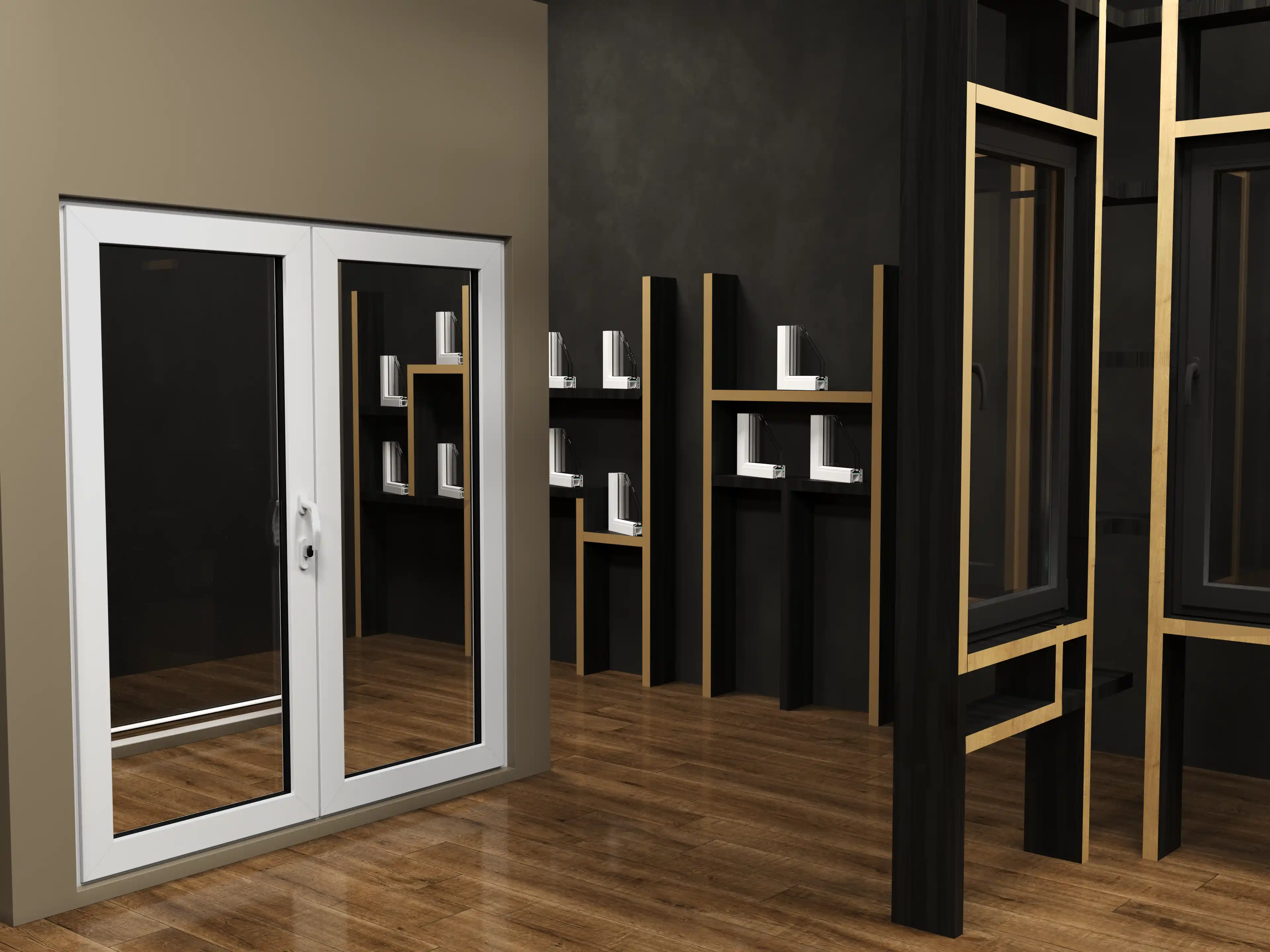 DiVetro showroom — French patio doors display and window profile cross-section samples