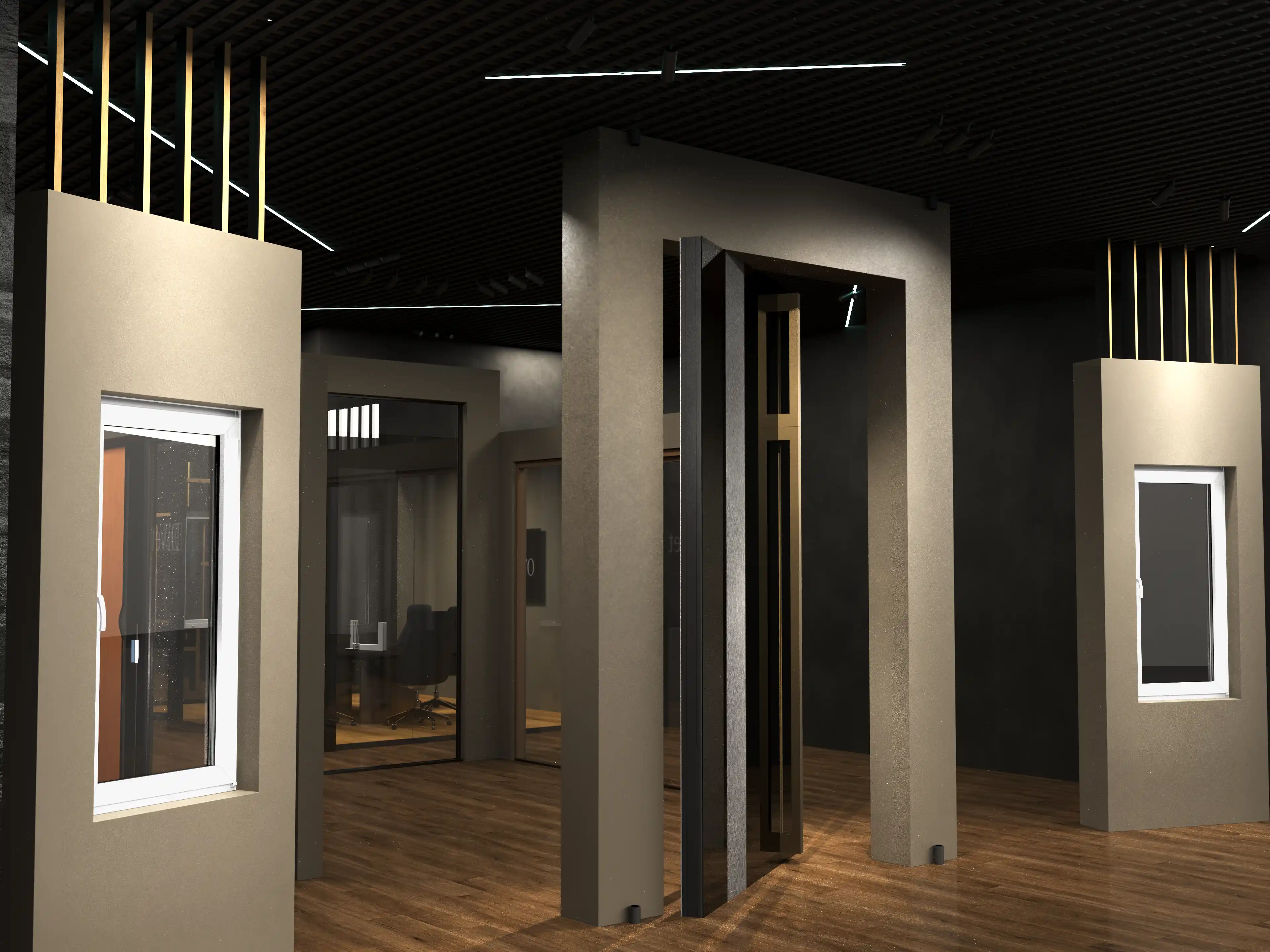 DiVetro showroom — pivot door systems and glass consultation room in the main hall