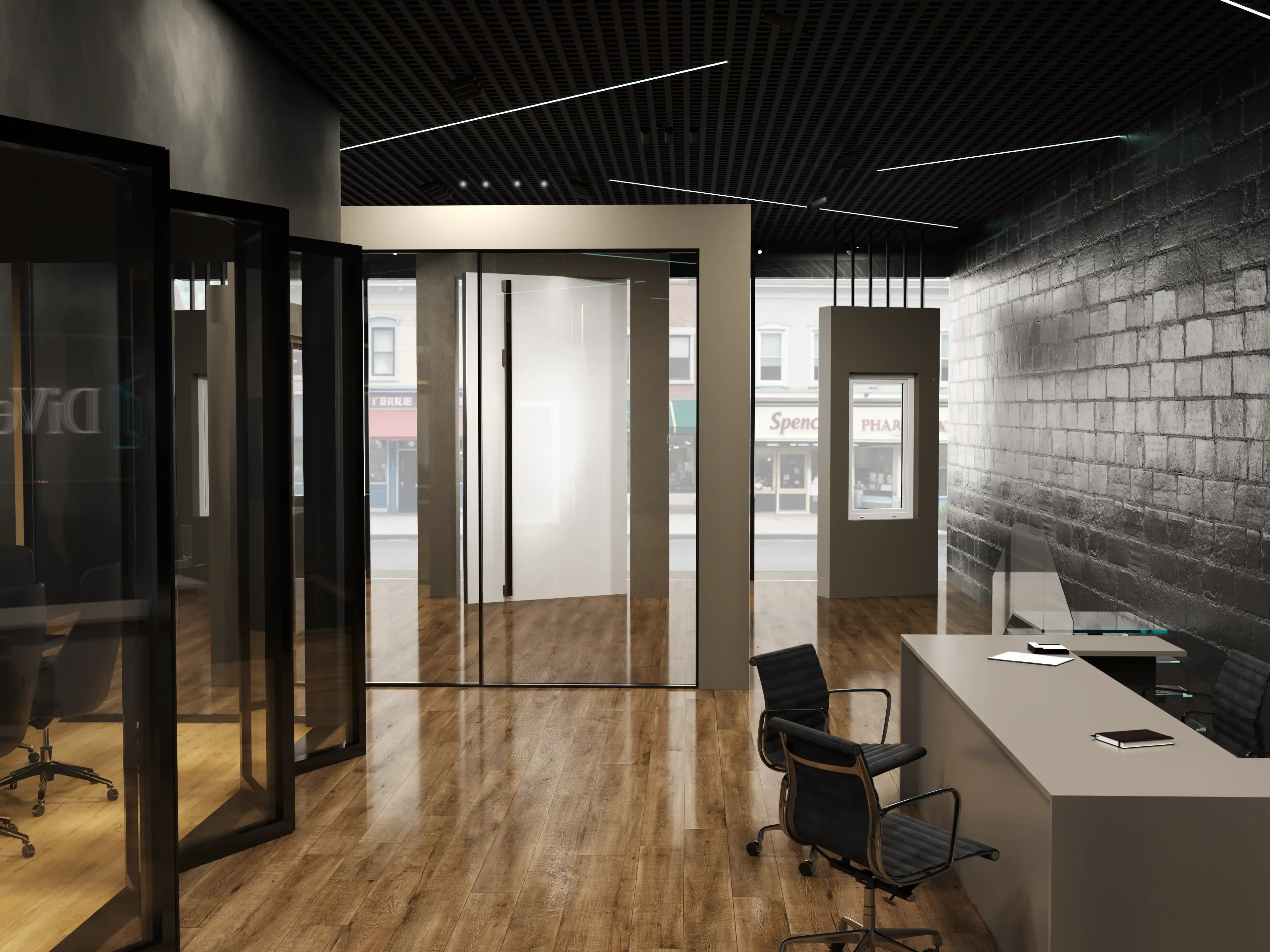DiVetro showroom — reception area with full-height glass sliding doors and street view