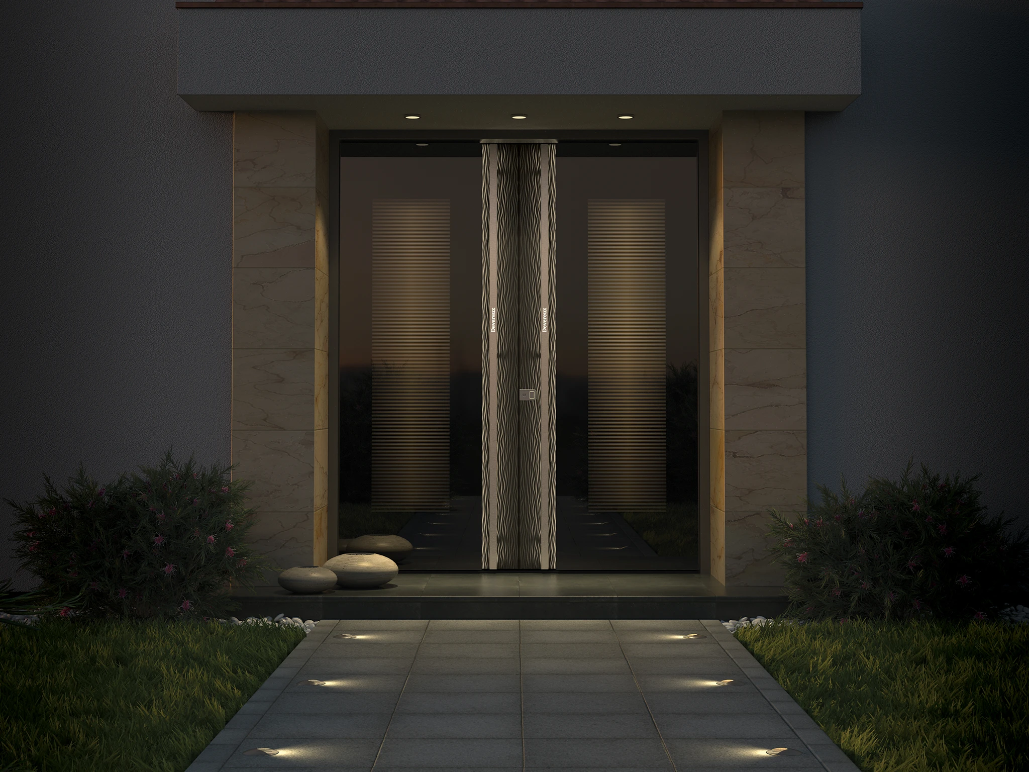 Luxury illuminated pivot entry door with decorative glass inserts and modern facade
