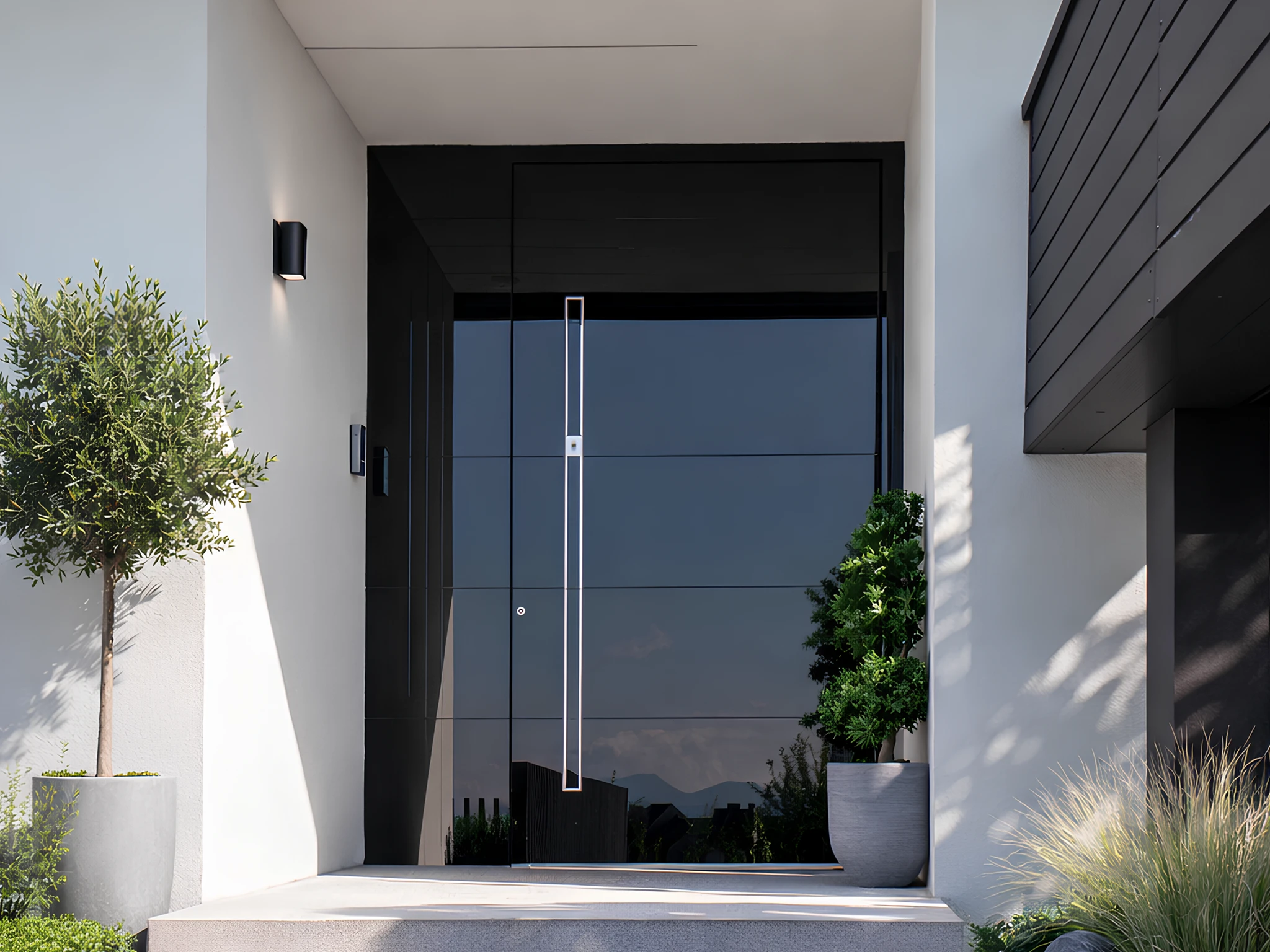 White contemporary double front door with textured glass panels and long handles