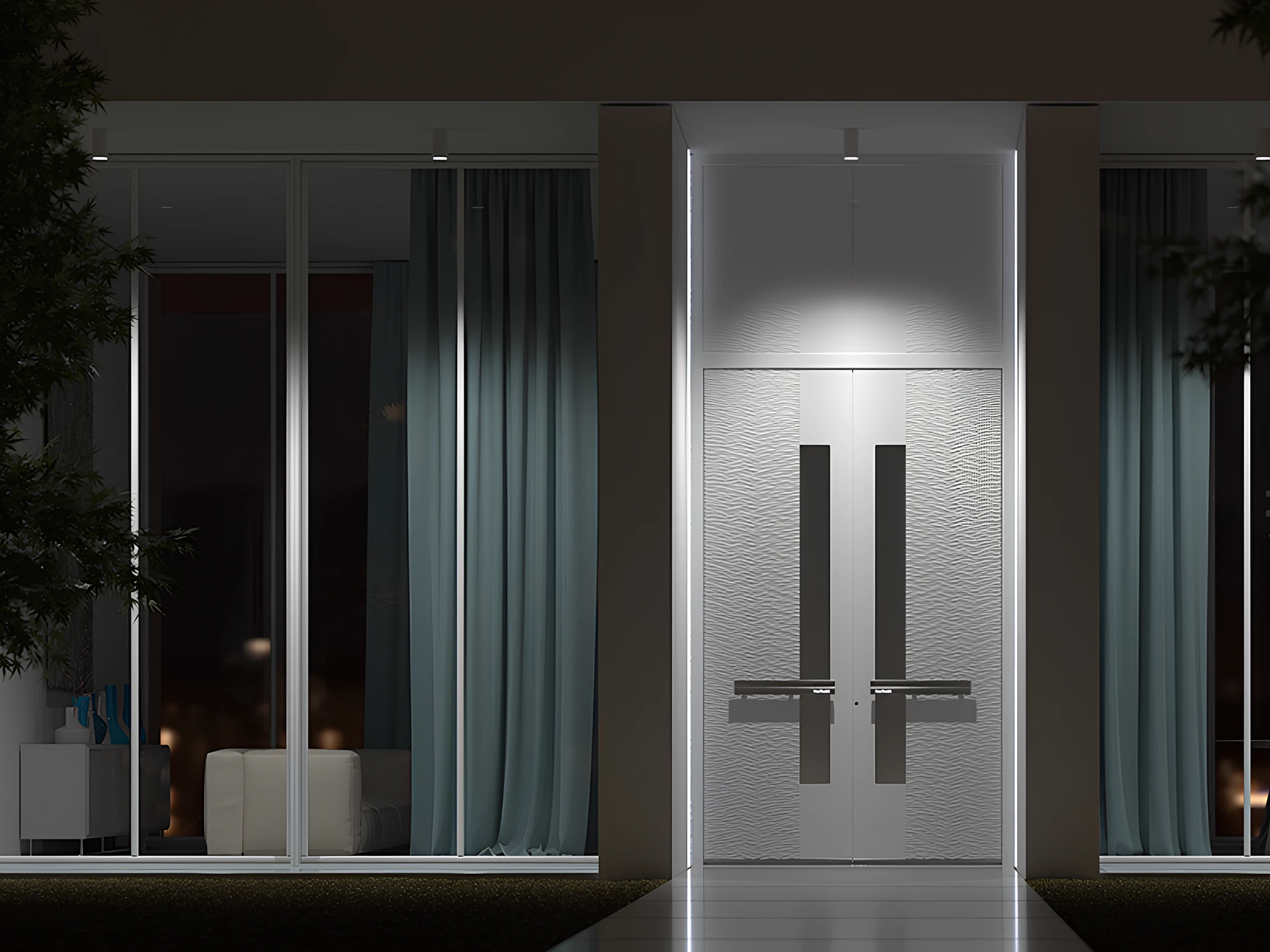 Large black pivot entrance door in modern stone-clad luxury residence