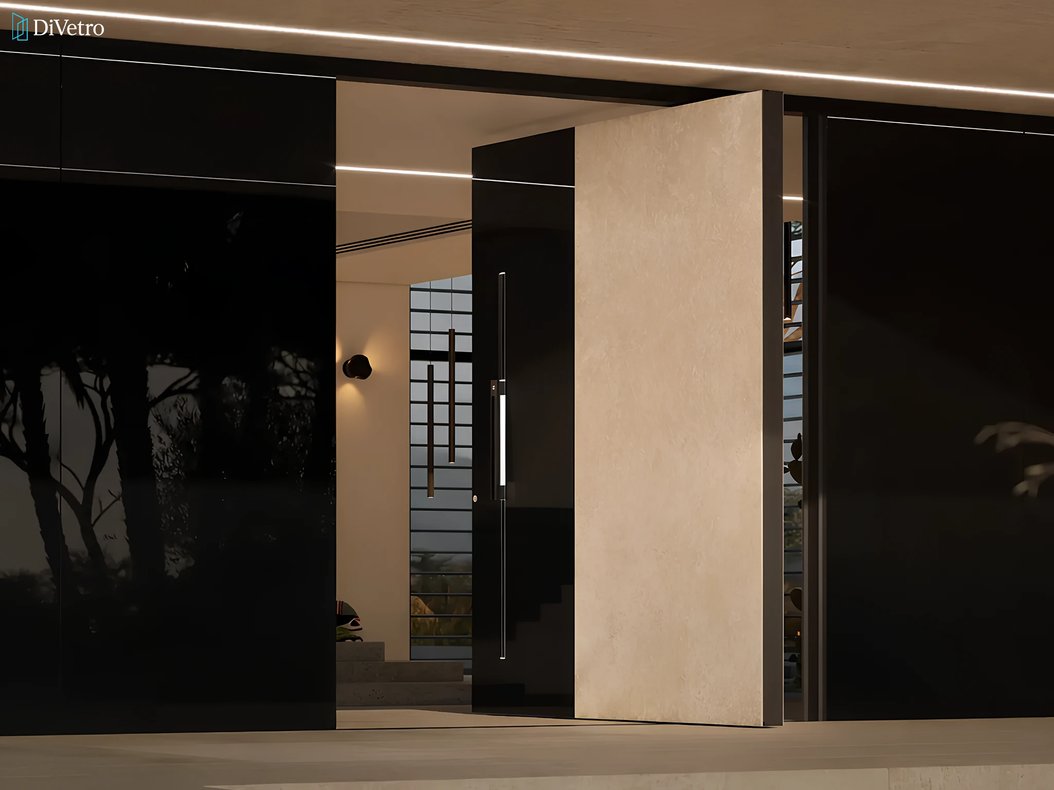 Luxury Pirnar pivot entry door with illuminated glass inserts and modern facade