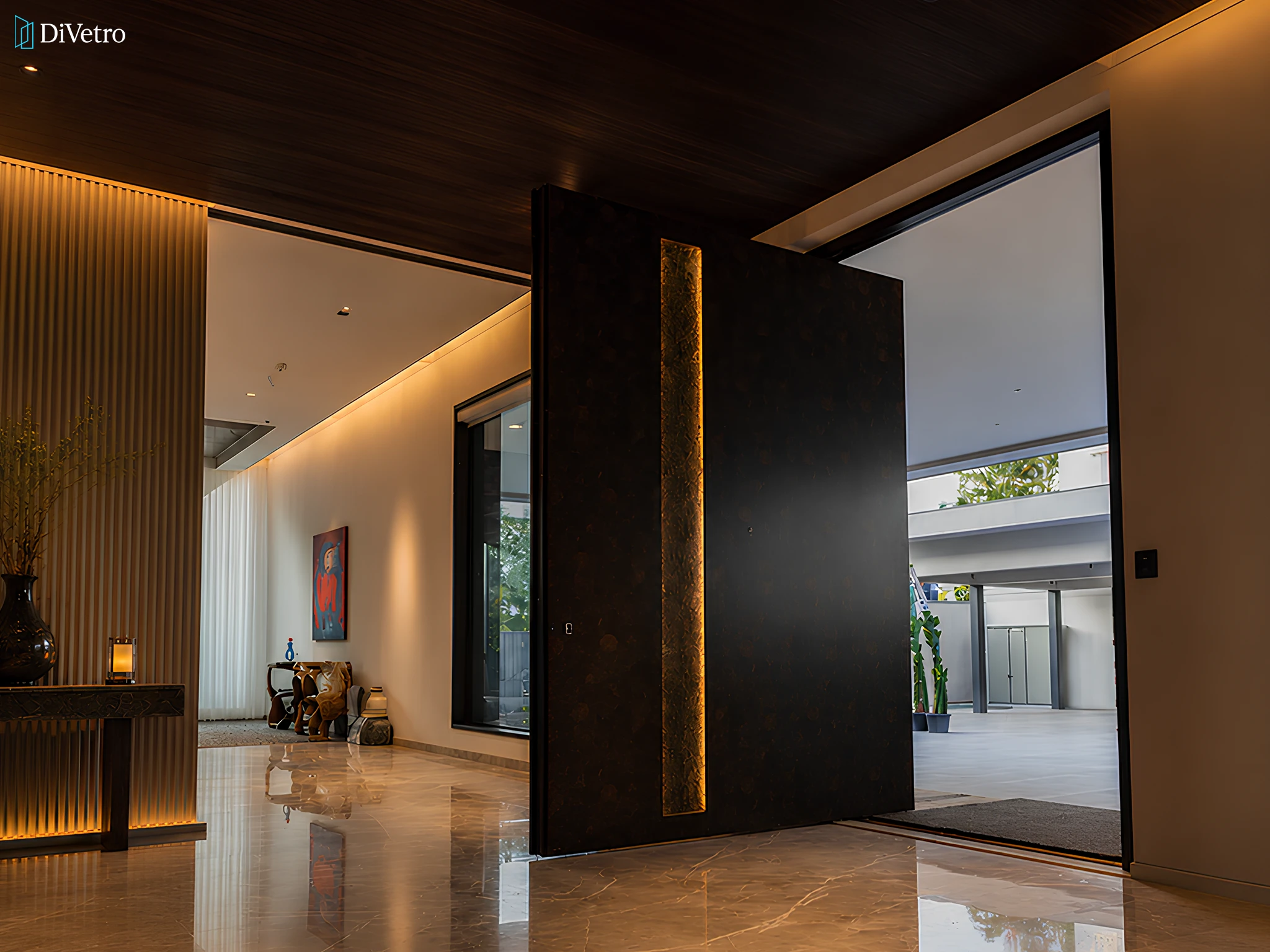 White contemporary Pirnar pivot front door with textured glass panels and designer handles