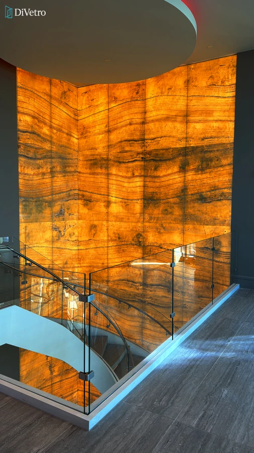 Backlit Onyx Feature Wall + Curved Frameless Glass Railings — Holmdel, NJ (April 2024)