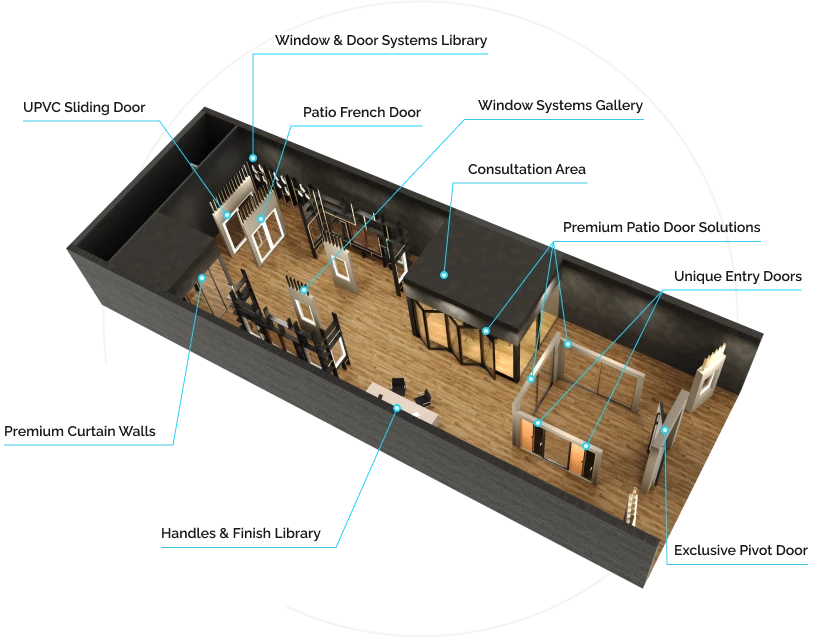 Interior view of the future DiVetro showroom — curated window and door systems layout