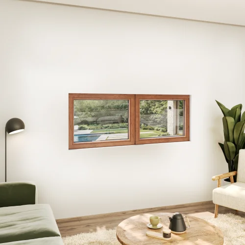 Oak Wood Double Picture Window 70x30" - Two Fixed Panels