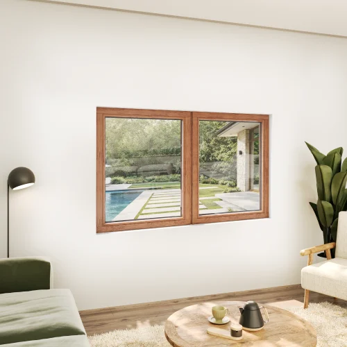 Oak Wood Double Picture Window 70x38" - Two Fixed Panels
