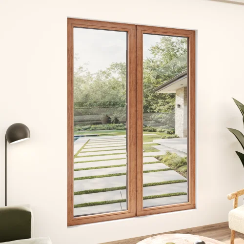 Oak Wood Double Picture Window 62x80" - Two Fixed Panels