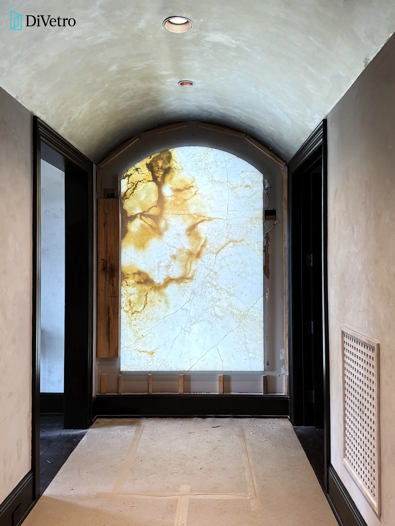 Real project — custom arched backlit onyx glass decorative panel